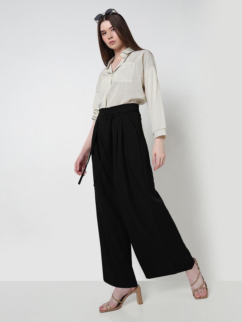 women solid high rise pleated korean pants - 21979822 - Standard Image - 5