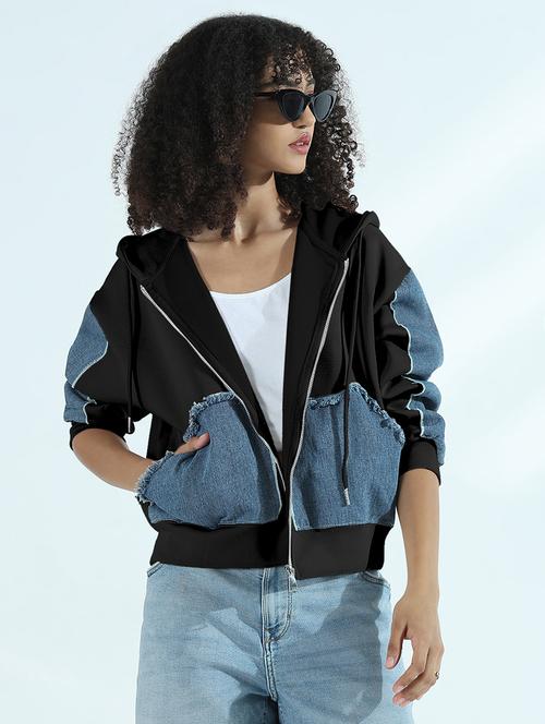 women color blocked hooded denim jacket - 21979827 - Standard Image - 0