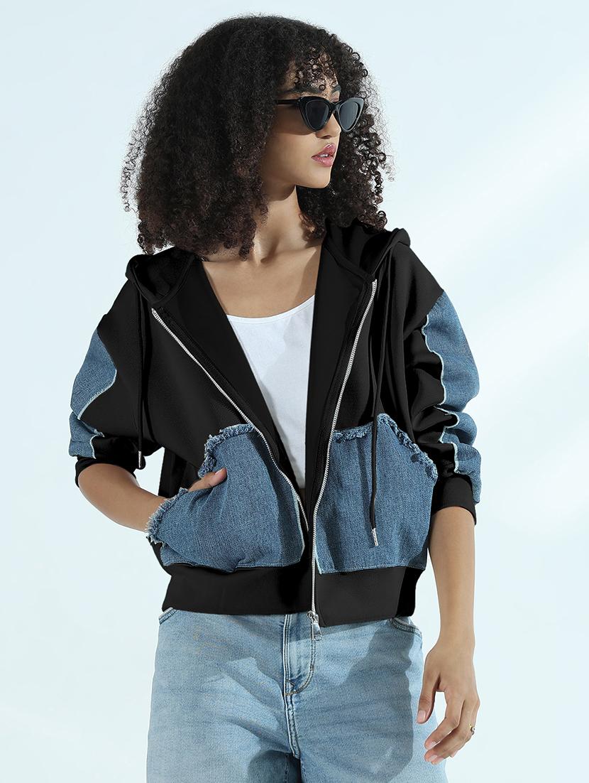 women color blocked hooded denim jacket - 21979827 - Zoom Image - 0