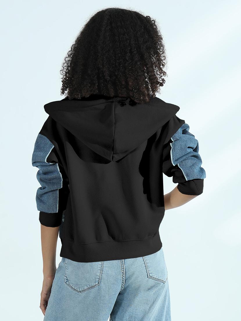women color blocked hooded denim jacket - 21979827 - Standard Image - 3