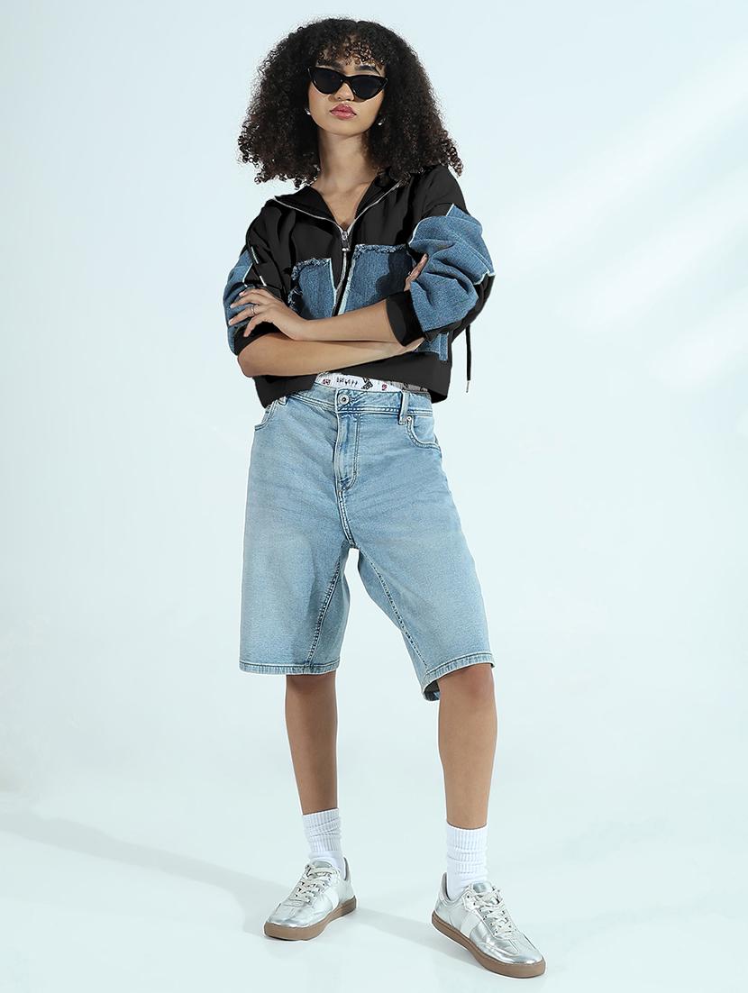 women color blocked hooded denim jacket - 21979827 - Standard Image - 5