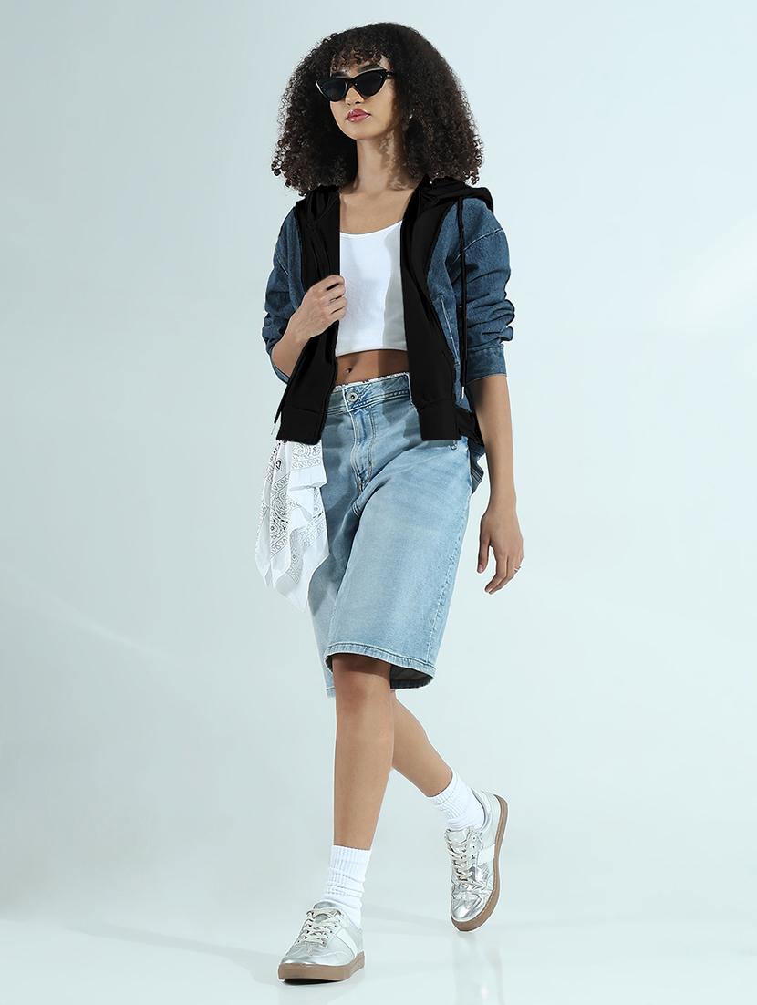 women color blocked hooded denim jacket - 21979828 - Standard Image - 5