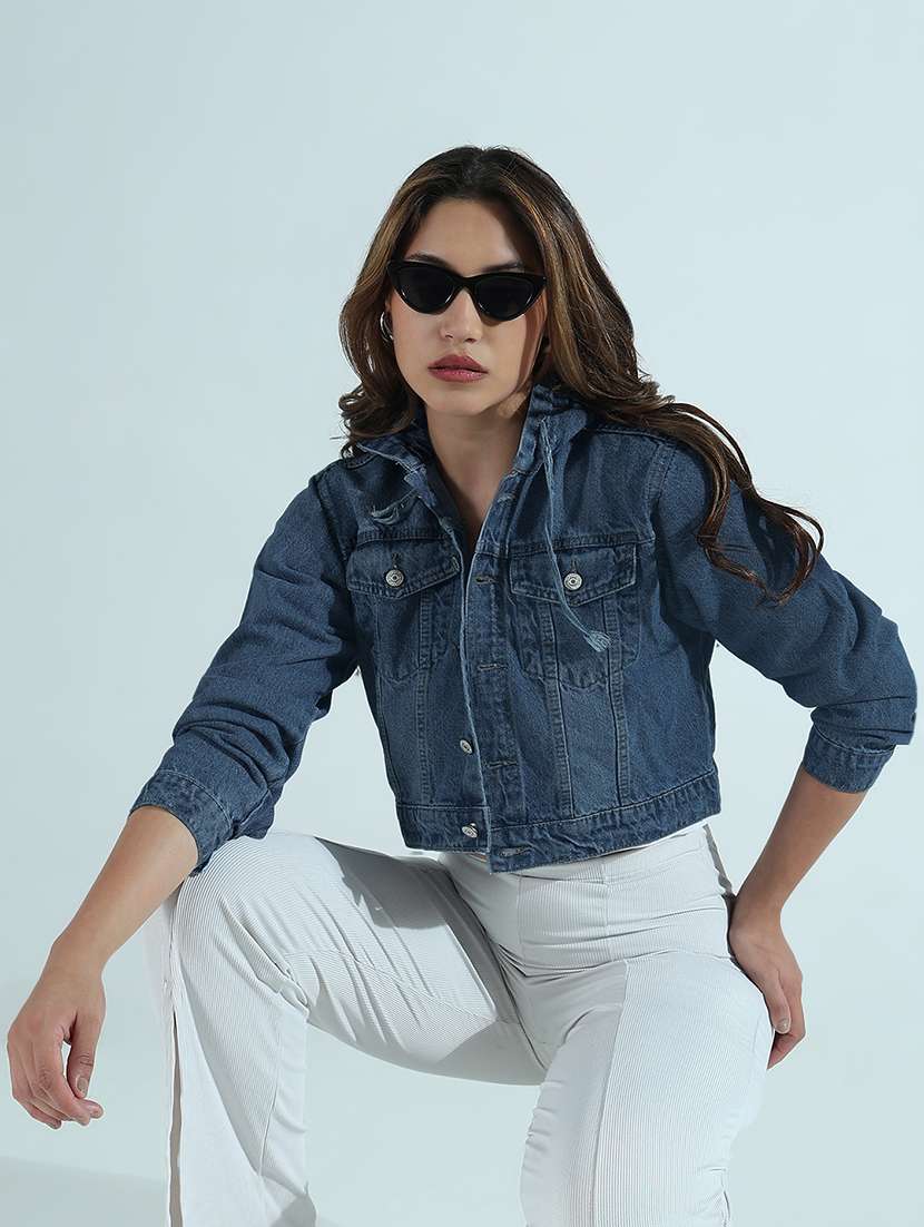 women solid long sleeve hooded crop denim jacket - 21979831 -  Zoom Image - 0