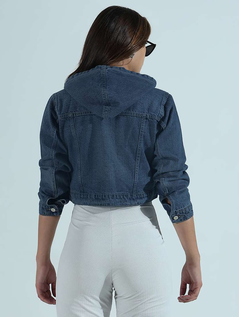 women solid long sleeve hooded crop denim jacket - 21979831 - Standard Image - 3