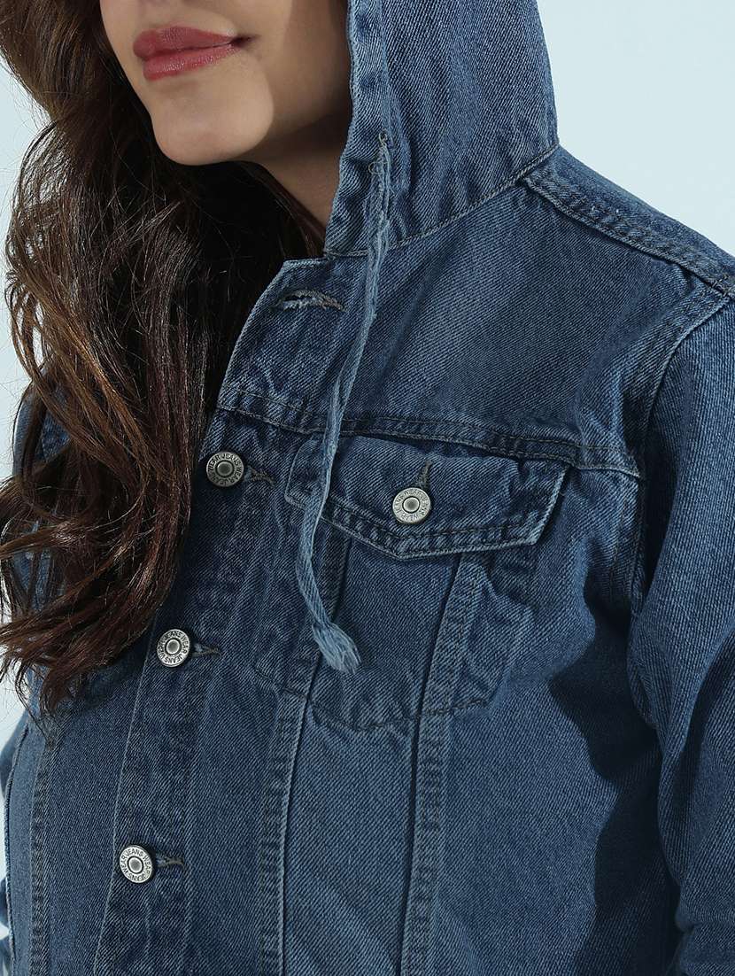 women solid long sleeve hooded crop denim jacket - 21979831 - Standard Image - 5