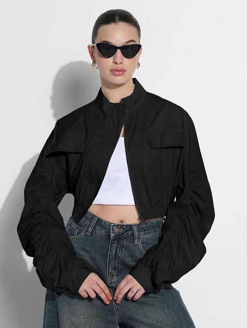 women solid long sleeve crop bomber jacket - 21979834 - Standard Image - 0