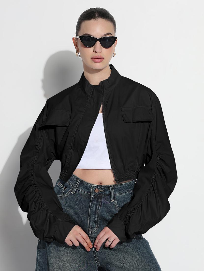 women solid long sleeve crop bomber jacket - 21979834 - Zoom Image - 0