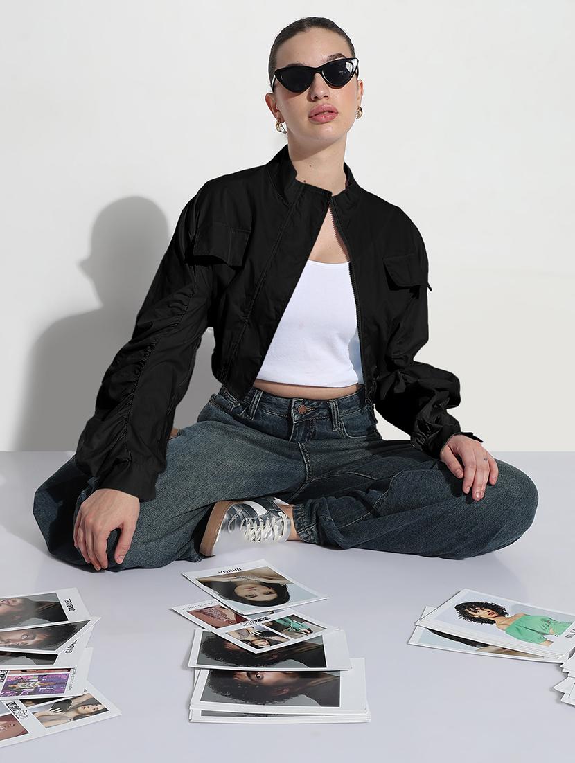 women solid long sleeve crop bomber jacket - 21979834 - Standard Image - 3