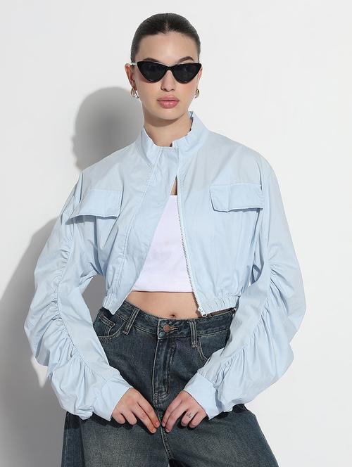 women solid long sleeve crop windcheater jacket - 21979835 -  Standard Image - 0