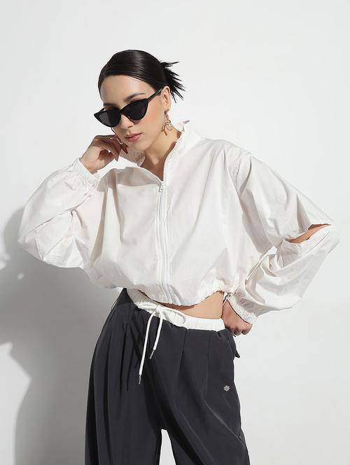 women solid long sleeve crop windcheater jacket - 21979836 - Standard Image - 0