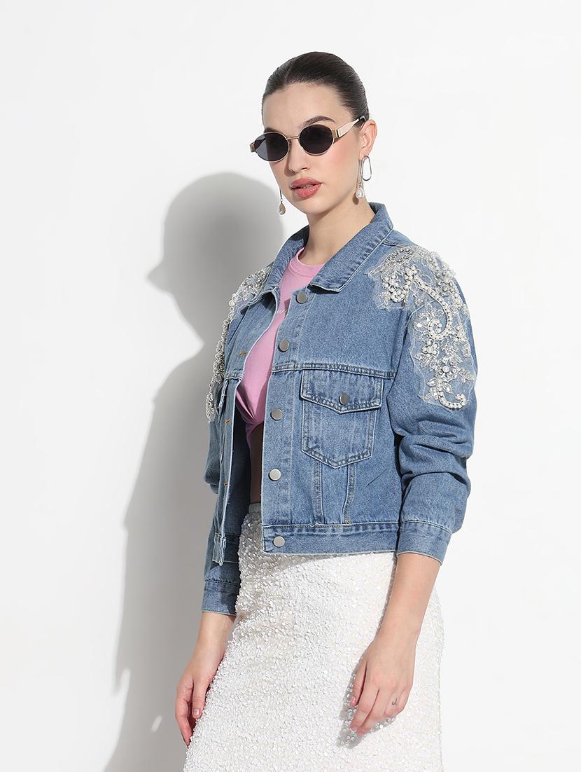 women embellished long sleeve crop denim jacket - 21979840 -  Zoom Image - 0