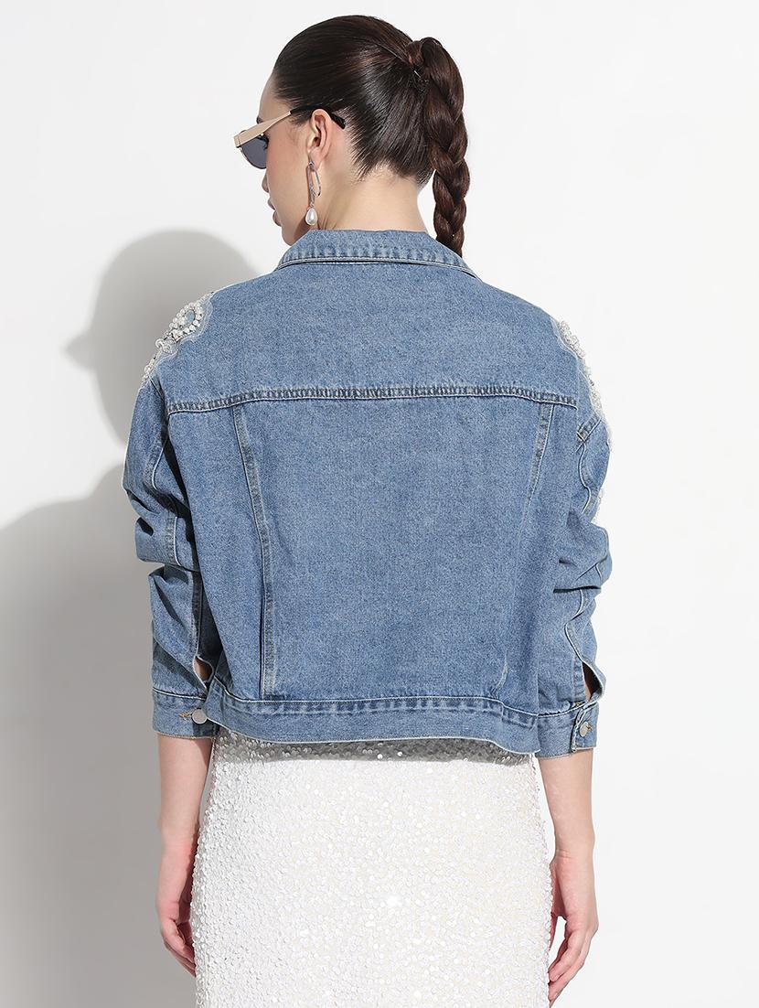 women embellished long sleeve crop denim jacket - 21979840 - Standard Image - 3