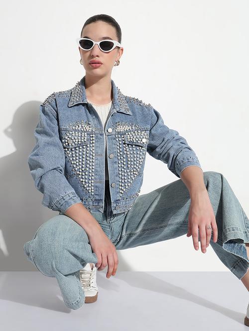women embellished long sleeve crop denim jacket - 21979841 - Standard Image - 0
