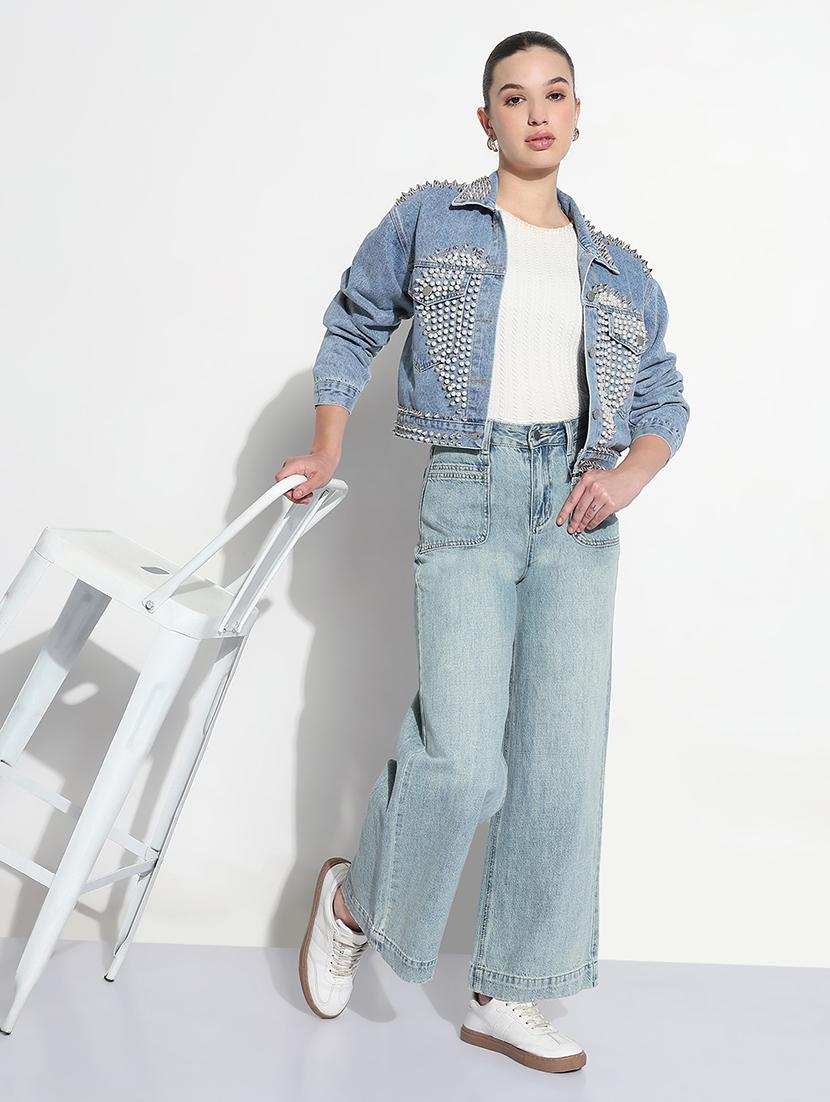 women embellished long sleeve crop denim jacket - 21979841 - Standard Image - 3