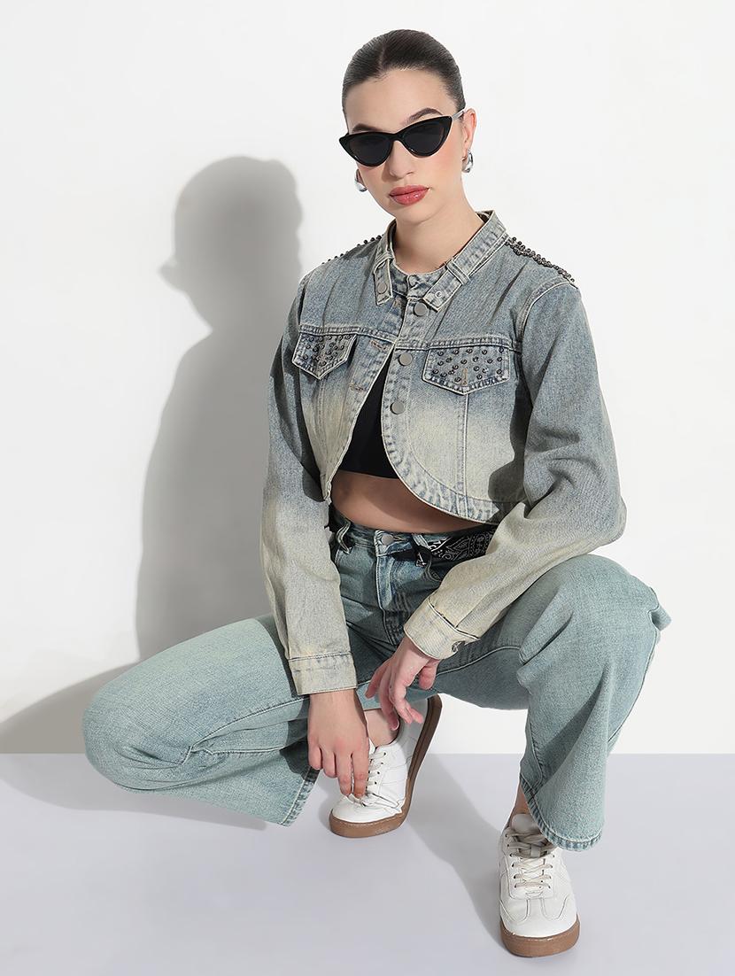 women ombre print long sleeve crop denim jacket - 21979842 - Standard Image - 3