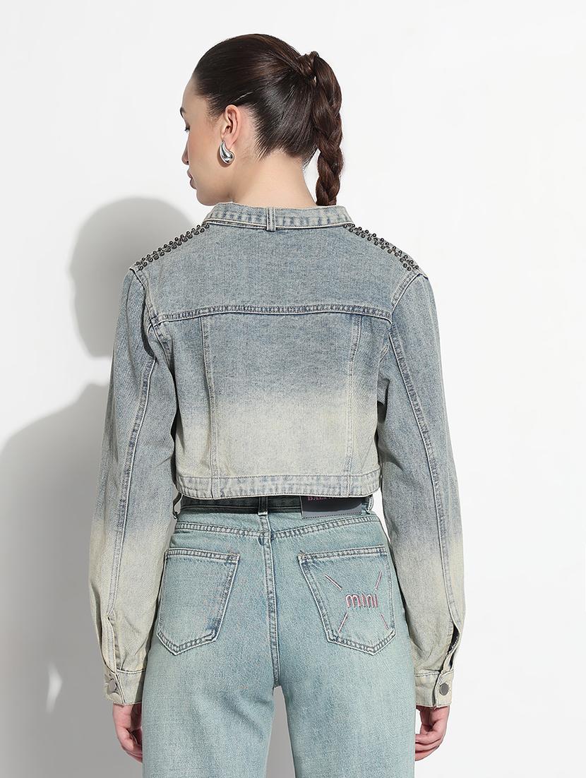 women ombre print long sleeve crop denim jacket - 21979842 - Standard Image - 5