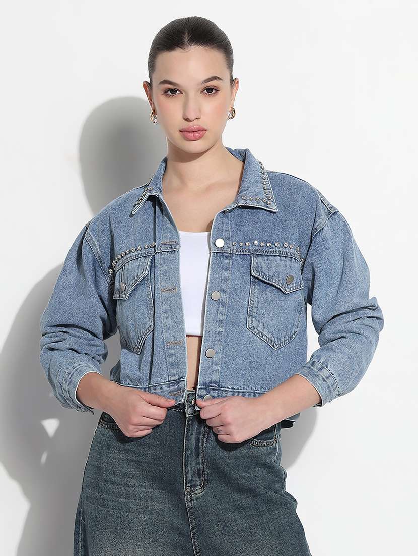 women embellished long sleeve crop denim jacket - 21979843 -  Zoom Image - 0