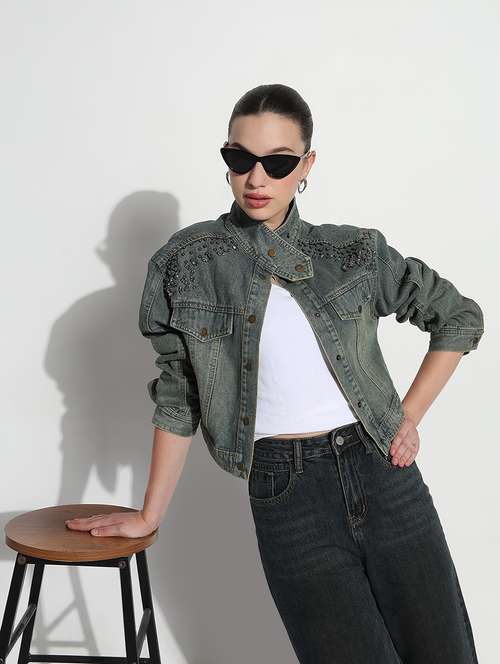 women embellished long sleeve crop denim jacket - 21979844 -  Standard Image - 0