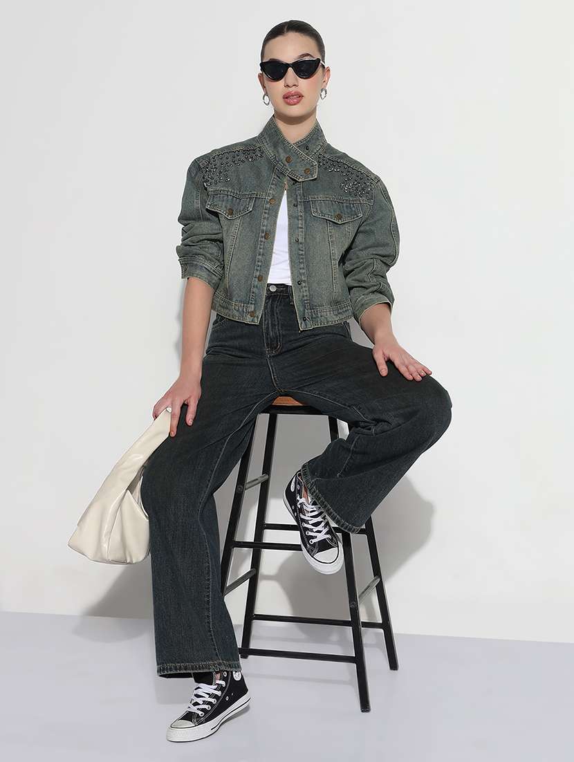 women embellished long sleeve crop denim jacket - 21979844 -  Standard Image - 5