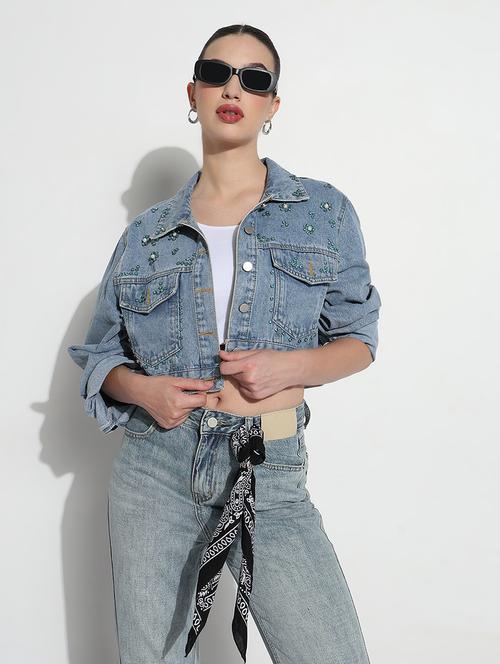 women embellished long sleeve crop denim jacket - 21979845 - Standard Image - 0