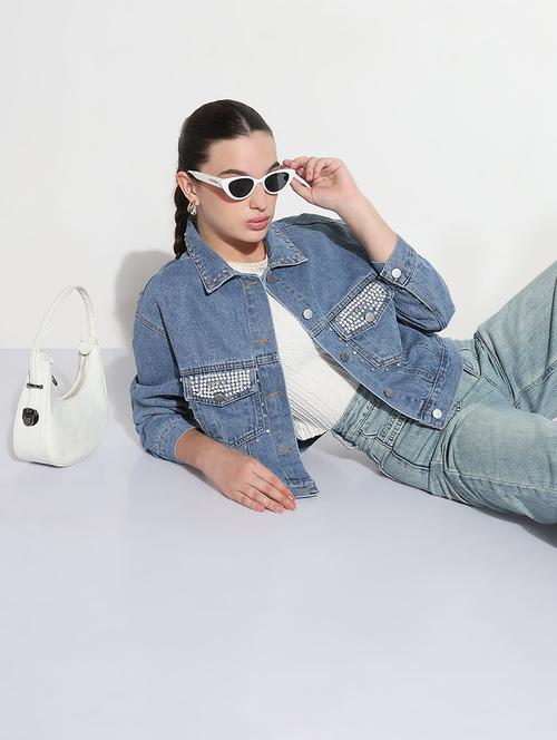 women embellished long sleeve crop denim jacket - 21979847 -  Standard Image - 0