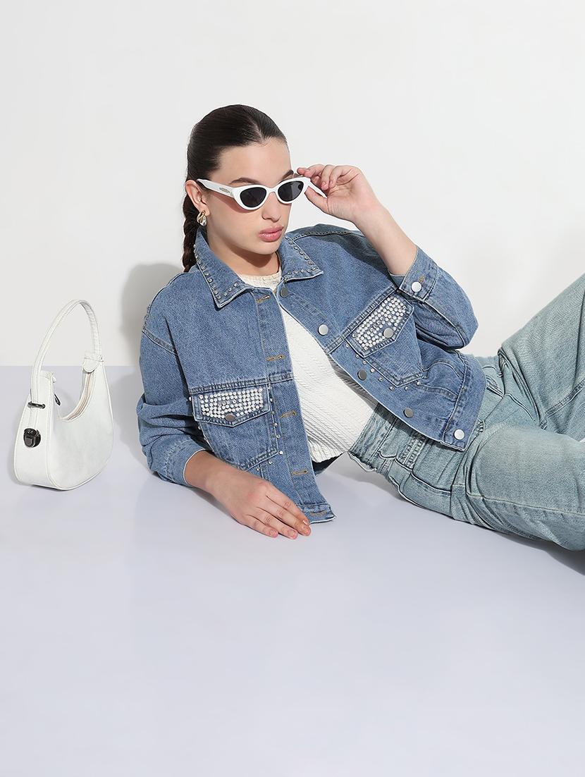 women embellished long sleeve crop denim jacket