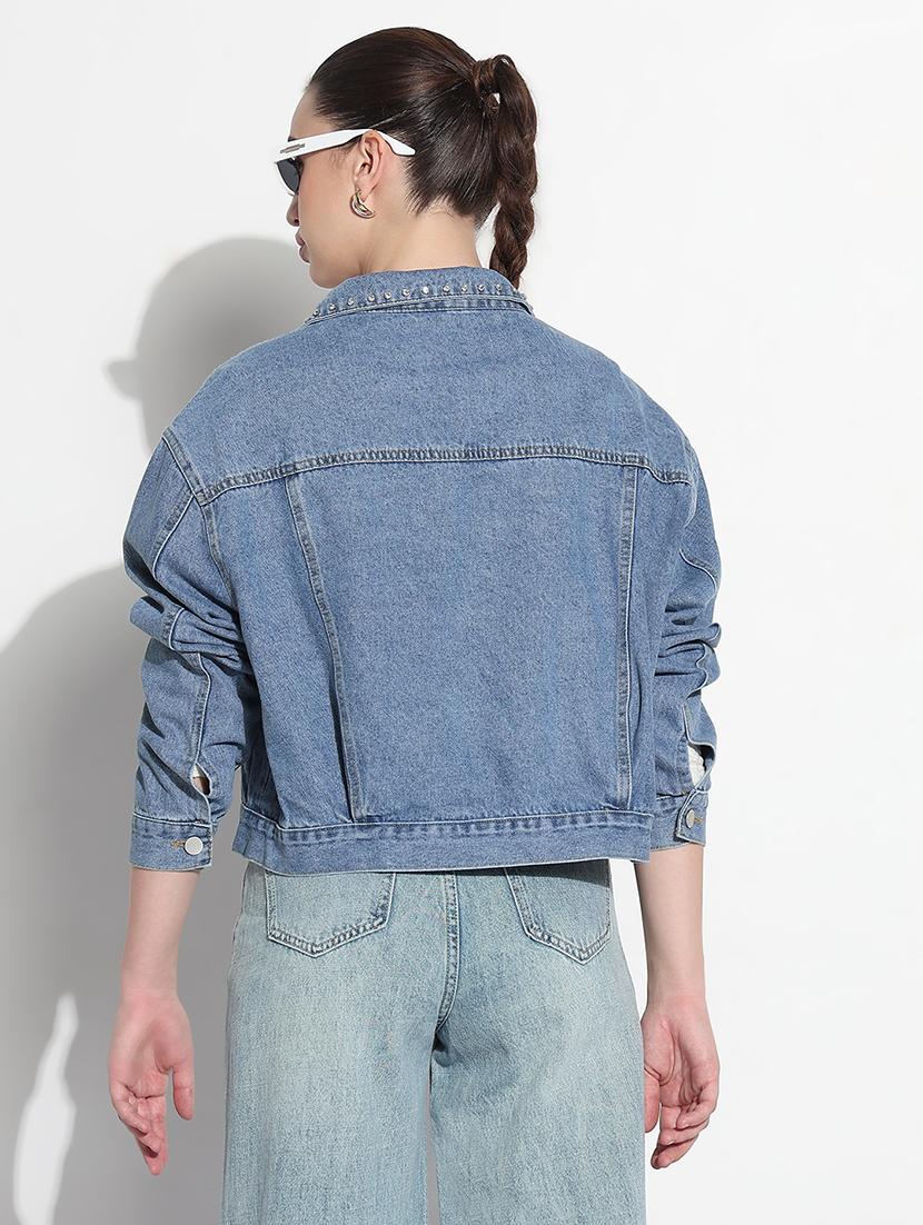 women embellished long sleeve crop denim jacket - 21979847 - Standard Image - 3