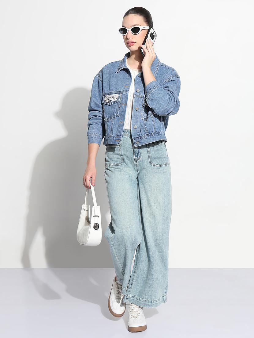 women embellished long sleeve crop denim jacket - 21979847 - Standard Image - 5