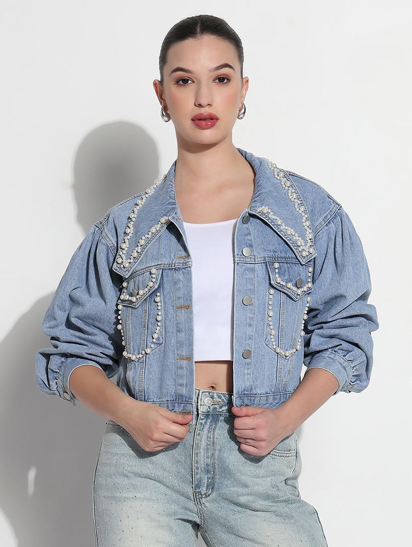 women embellished long sleeve crop denim jacket - 21979848 - Standard Image - 3