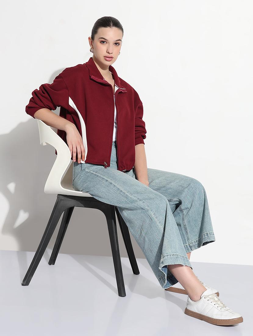 women maroon tapered long sleeve crop jacket - 21979850 - Standard Image - 3
