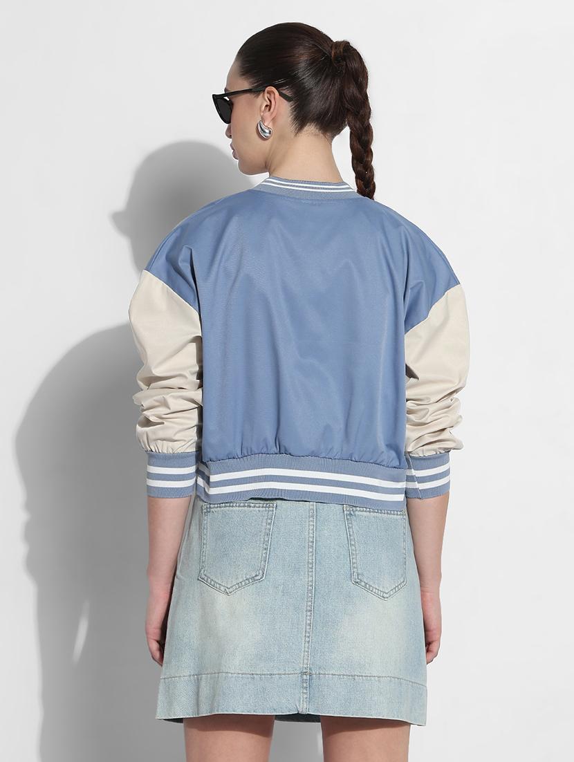 women color blocked long sleeve crop varsity jacket - 21979852 - Standard Image - 3