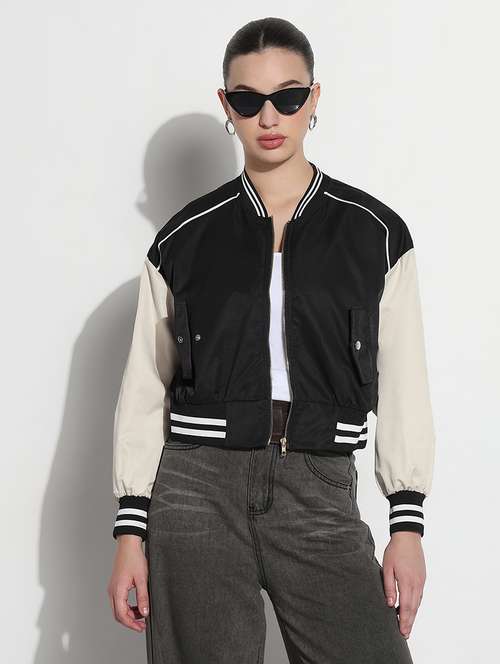 women color blocked long sleeve crop varsity jacket - 21979853 -  Standard Image - 0