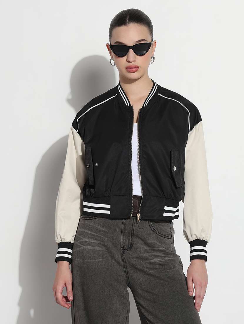 women color blocked long sleeve crop varsity jacket