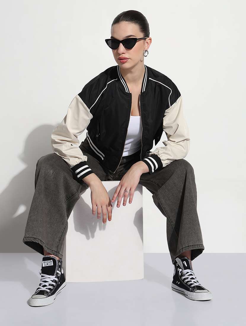 women color blocked long sleeve crop varsity jacket - 21979853 -  Standard Image - 5