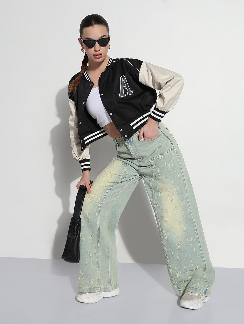 women color blocked long sleeve crop varsity jacket - 21979854 - Standard Image - 3