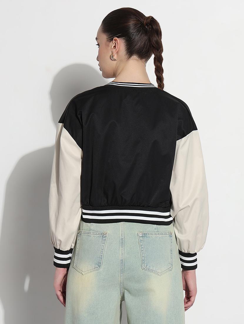 women color blocked long sleeve crop varsity jacket - 21979854 - Standard Image - 5