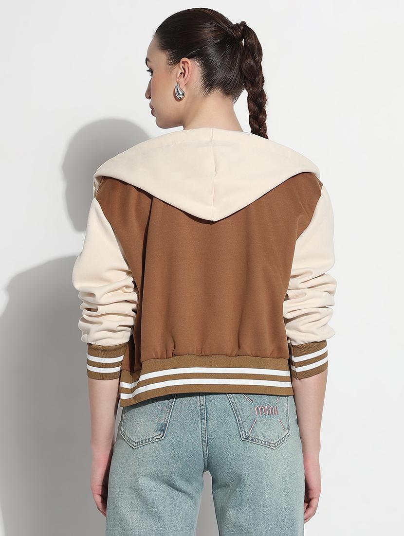 women color blocked hooded crop varsity jacket - 21979855 - Standard Image - 3