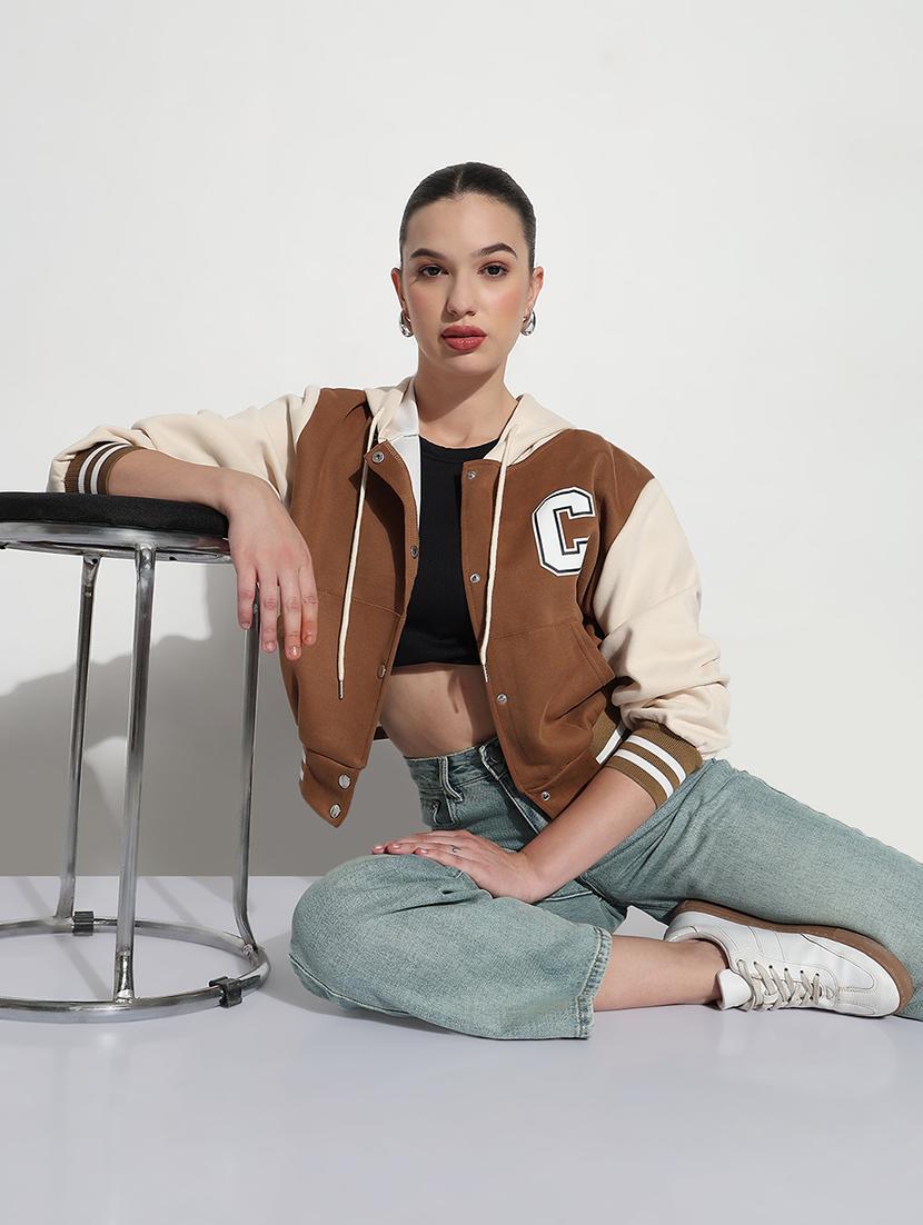 women color blocked hooded crop varsity jacket - 21979855 - Standard Image - 5
