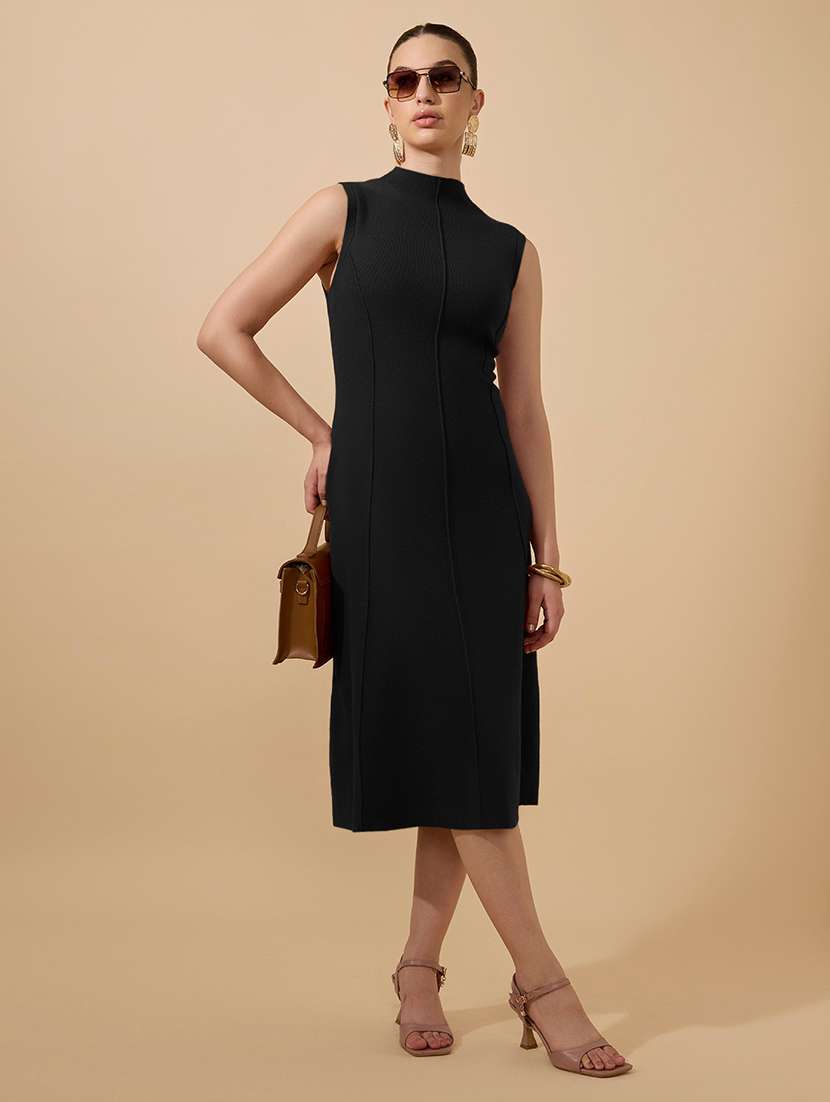women black solid sleeveless a-line dress