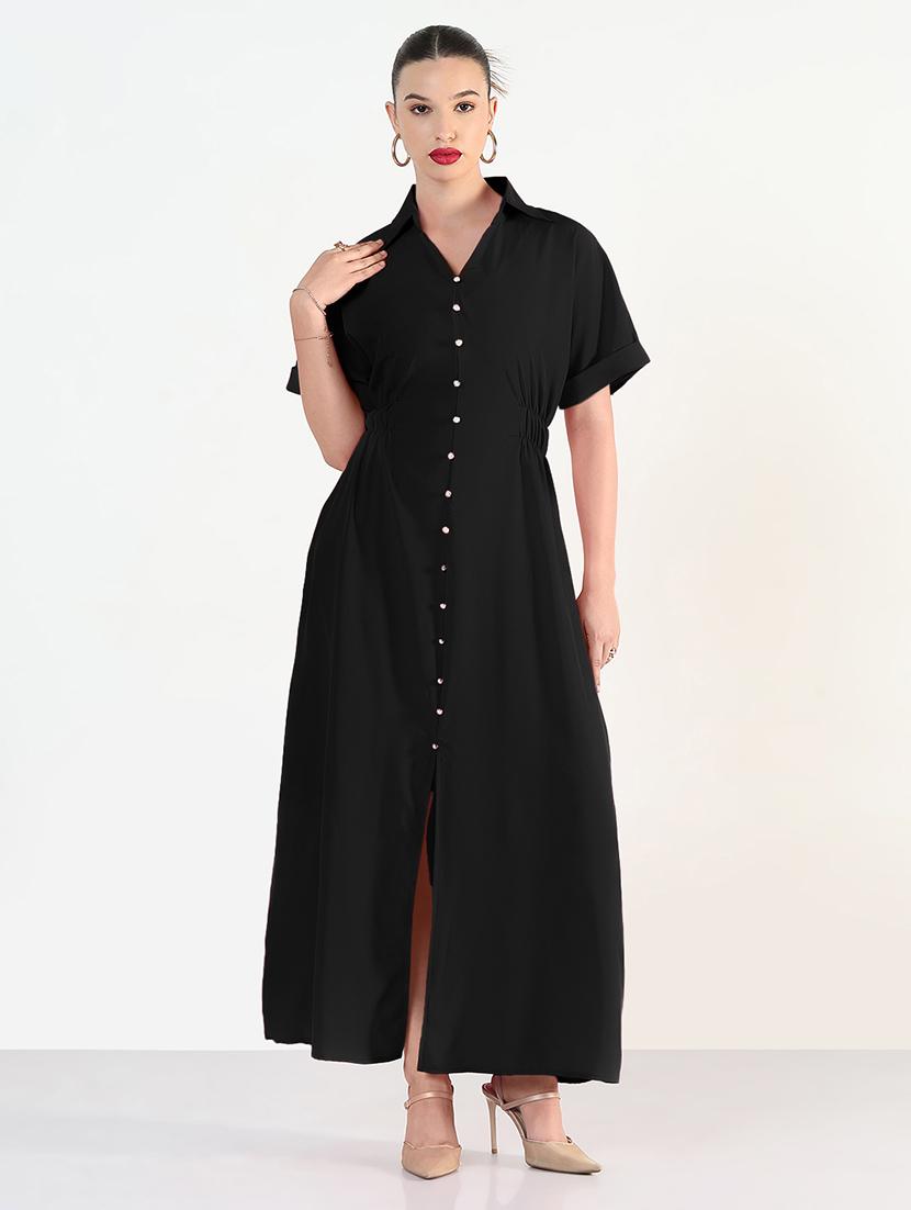 women black solid collared maxi shirt dress - 21979869 - Zoom Image - 0
