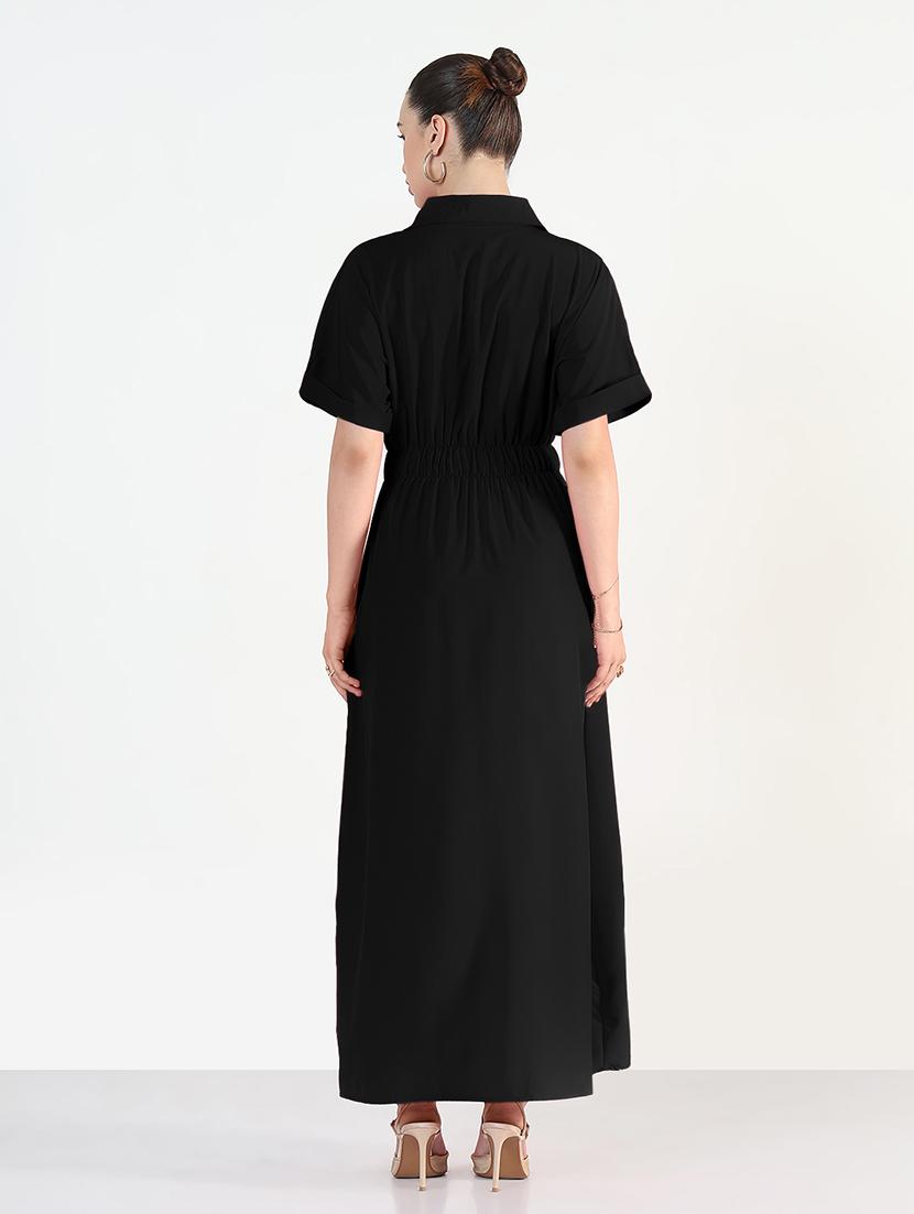 women black solid collared maxi shirt dress - 21979869 - Standard Image - 3