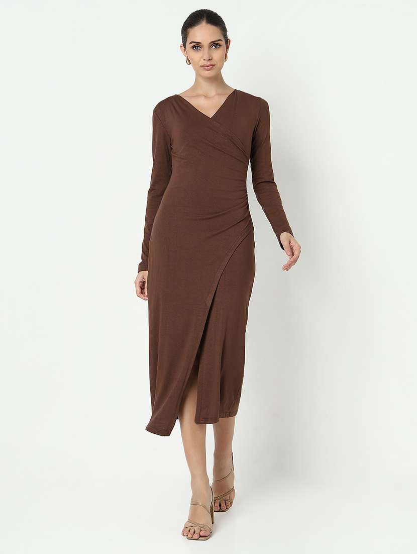 women brown solid long sleeve bodycon dress - 21979892 - Standard Image - 3