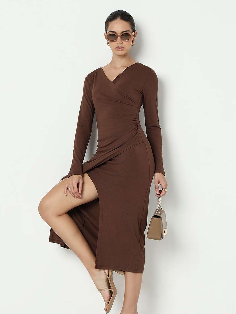 women brown solid long sleeve bodycon dress - 21979892 - Standard Image - 5