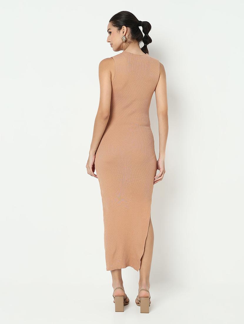 women peach solid sleeveless bodycon dress - 21979894 - Standard Image - 3