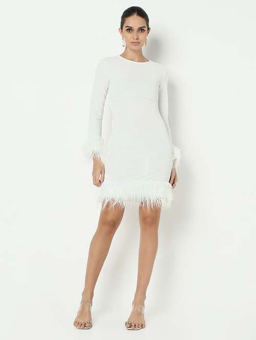 women solid long sleeve fur detailed bodycon dress - 21979895 -  Standard Image - 0