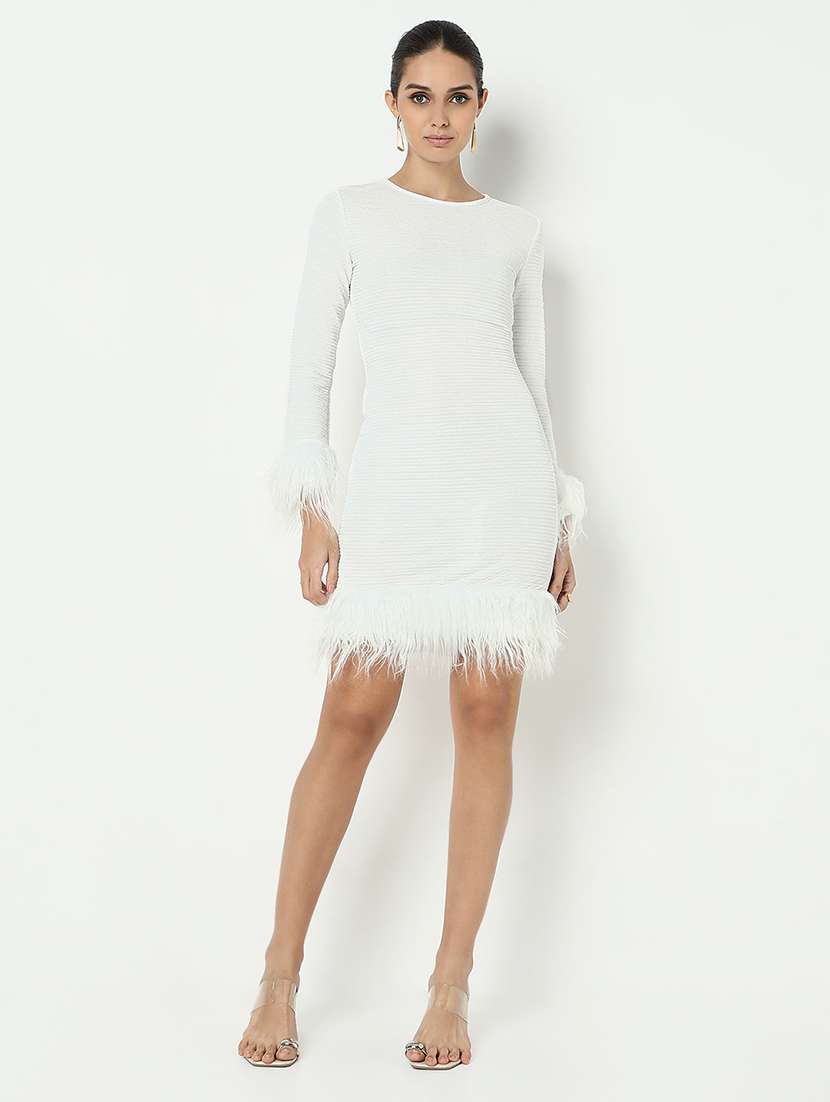 women solid long sleeve fur detailed bodycon dress - 21979895 -  Zoom Image - 0