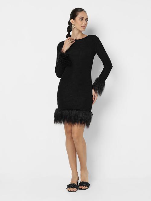 women solid long sleeve fur detailed bodycon dress - 21979896 - Standard Image - 0