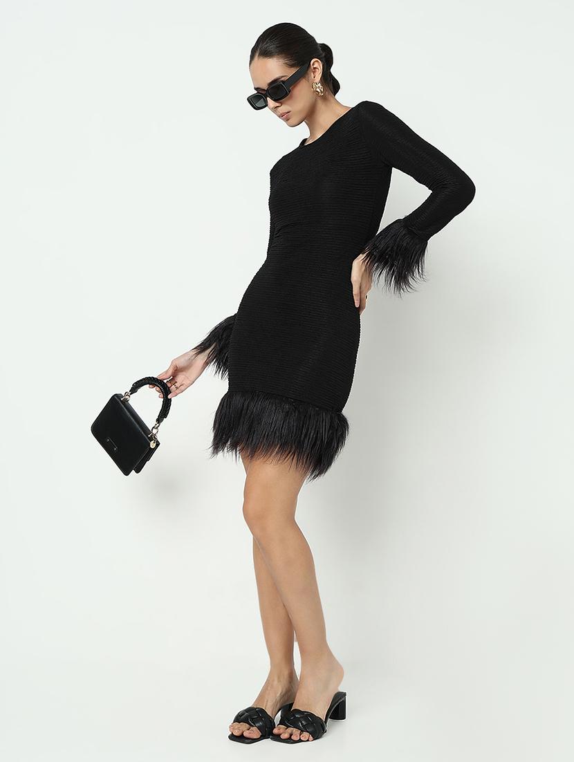women solid long sleeve fur detailed bodycon dress - 21979896 - Standard Image - 5