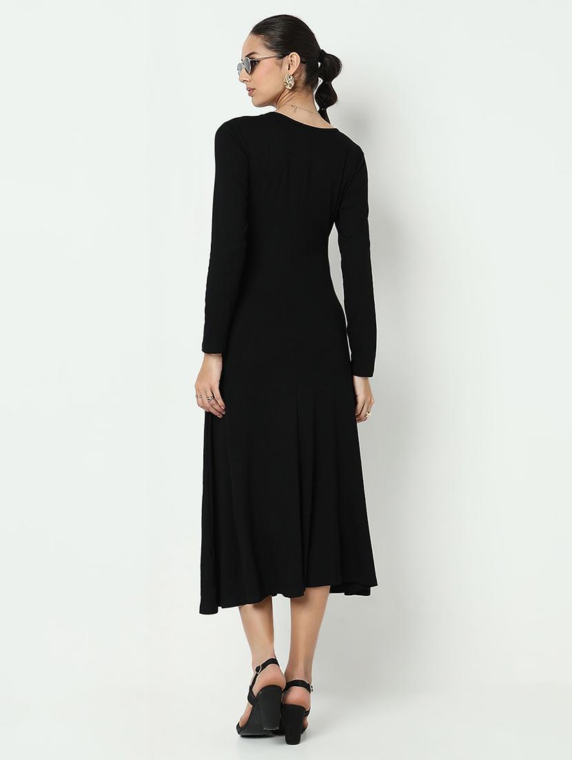 women black solid long sleeve a-line dress - 21979897 - Standard Image - 3