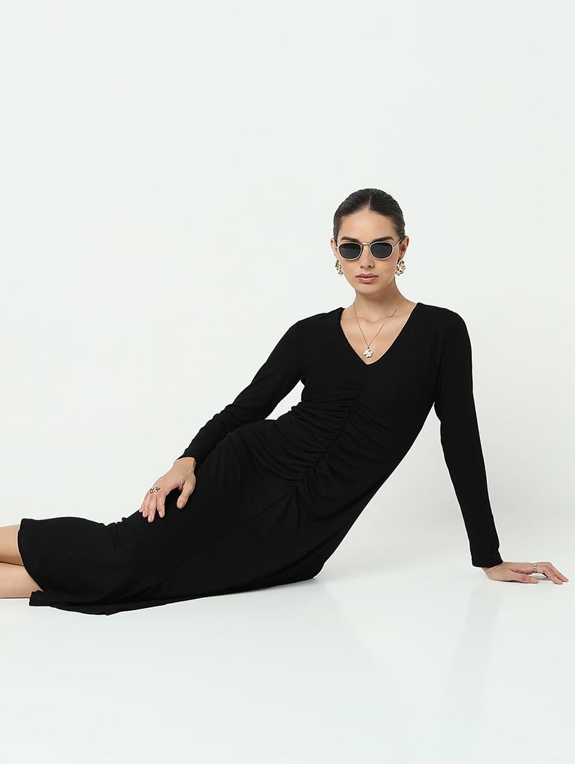 women black solid long sleeve a-line dress - 21979897 - Standard Image - 5